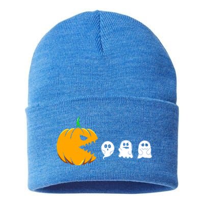 Pumpkin Eating Ghosts Funny Halloween Costume For Gamers Gift Sustainable Knit Beanie