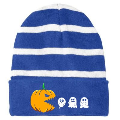 Pumpkin Eating Ghosts Funny Halloween Costume For Gamers Gift Striped Beanie with Solid Band