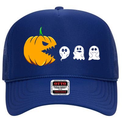 Pumpkin Eating Ghosts Funny Halloween Costume For Gamers Gift High Crown Mesh Back Trucker Hat