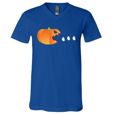 Pumpkin Eating Ghosts Funny Trick Or Treat Costume Gift V-Neck T-Shirt