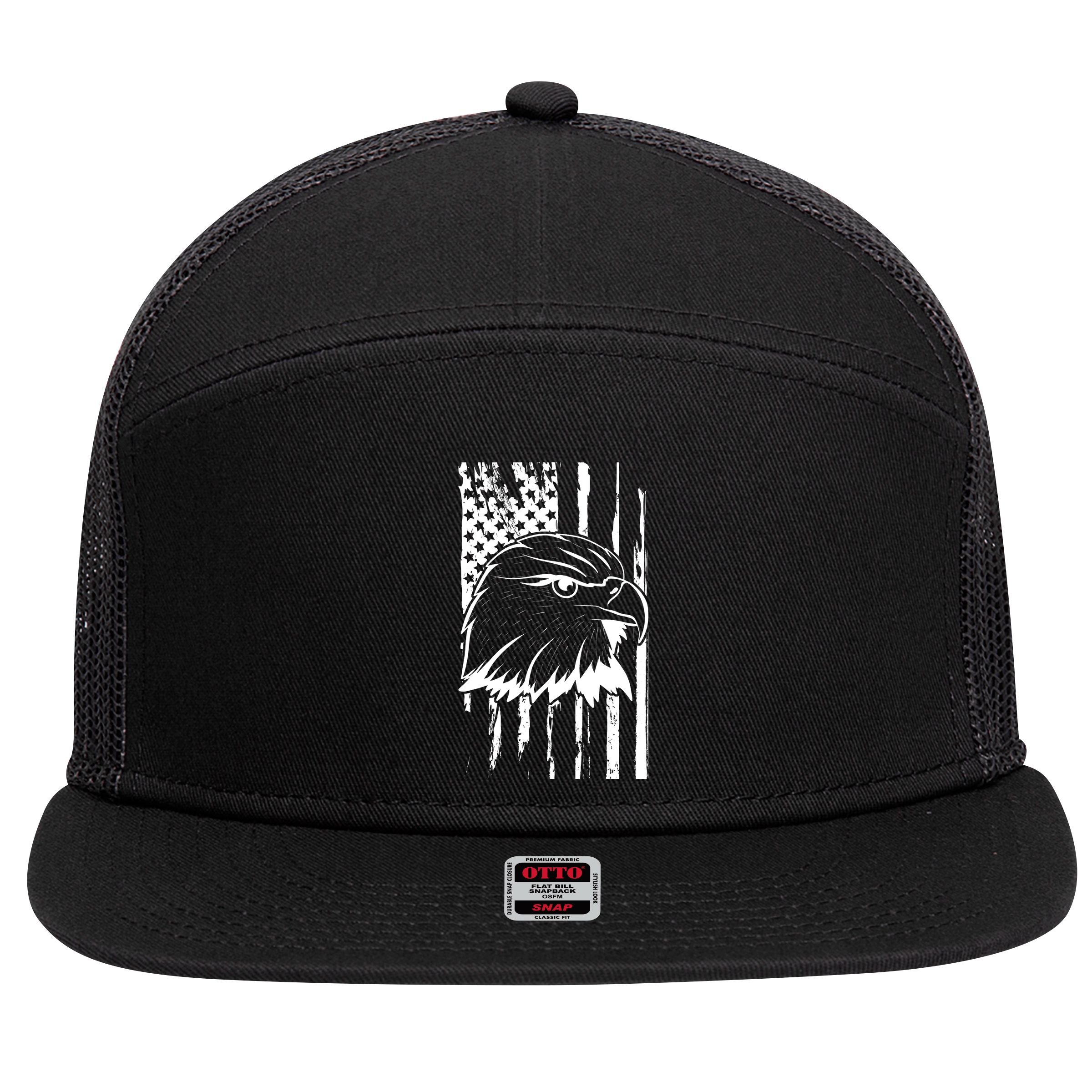 Patriotic Eagle Head American Flag Black 7 Panel Mesh Trucker Snapback Hat