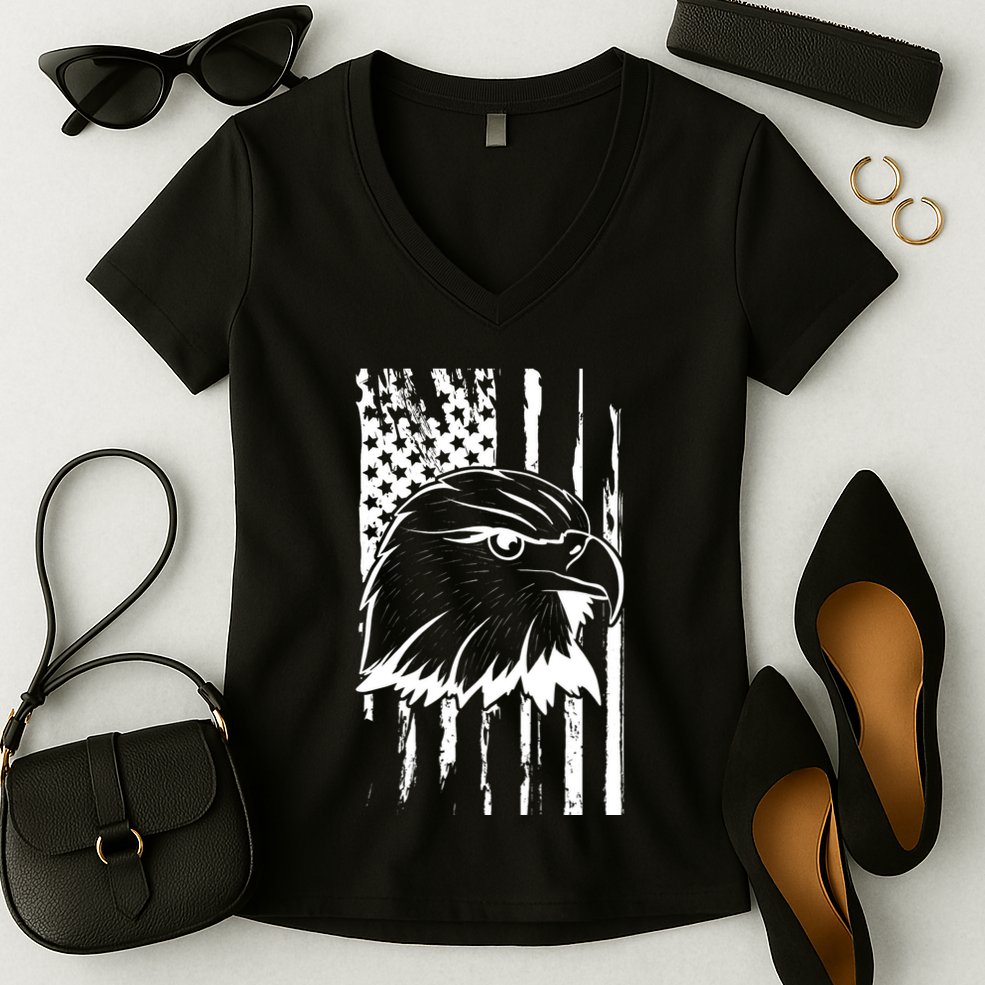 Patriotic Eagle Head American Flag Black Women's V-Neck T-Shirt