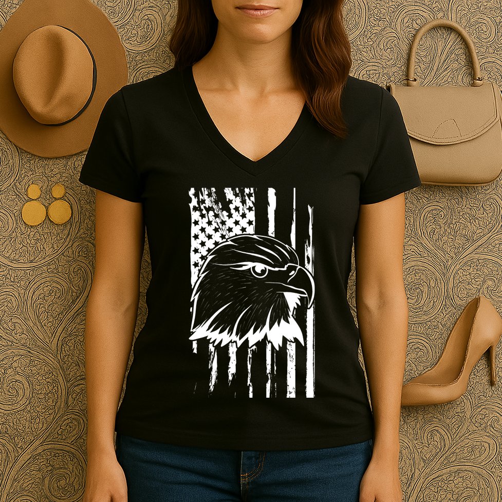 Patriotic Eagle Head American Flag Black Women's V-Neck T-Shirt