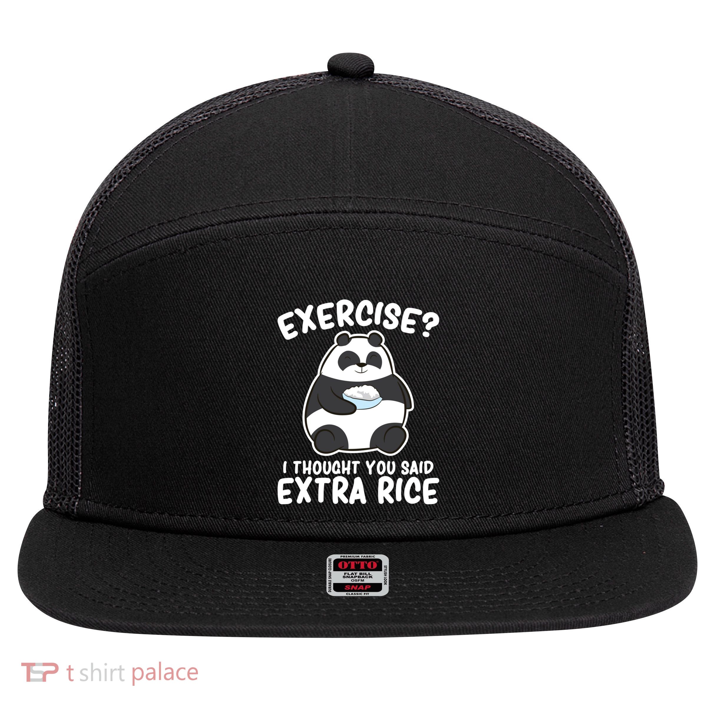Panda Exercise I Thought You Said Extra Rice Cute Panda 7 Panel Mesh Trucker Snapback Hat