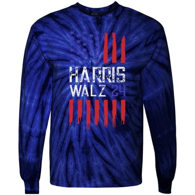 President Elect Kamala Harris & Tim Walz 2024 American Flag Tie-Dye Long Sleeve Shirt