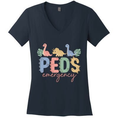 Pediatric Emergency Nurse Dinosaurs Peds Er Nurse Wo Women's V-Neck T-Shirt