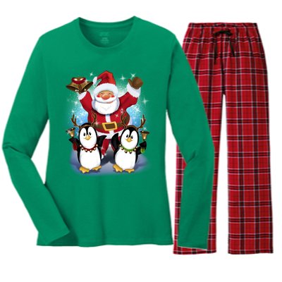 Penguin Dance With Santa Women's Long Sleeve Flannel Pajama Set 