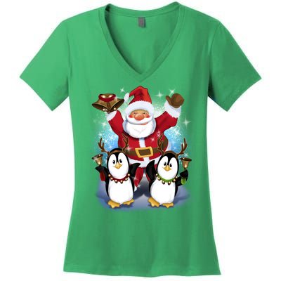 Penguin Dance With Santa Women's V-Neck T-Shirt