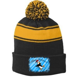 Penguin Skating Merry Christmas Stripe Pom Pom Beanie