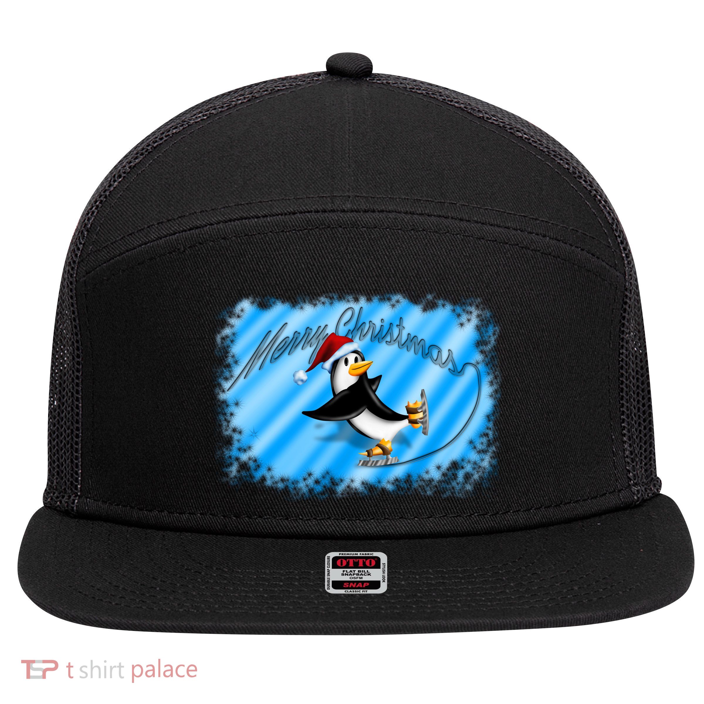 Penguin Skating Merry Christmas 7 Panel Mesh Trucker Snapback Hat