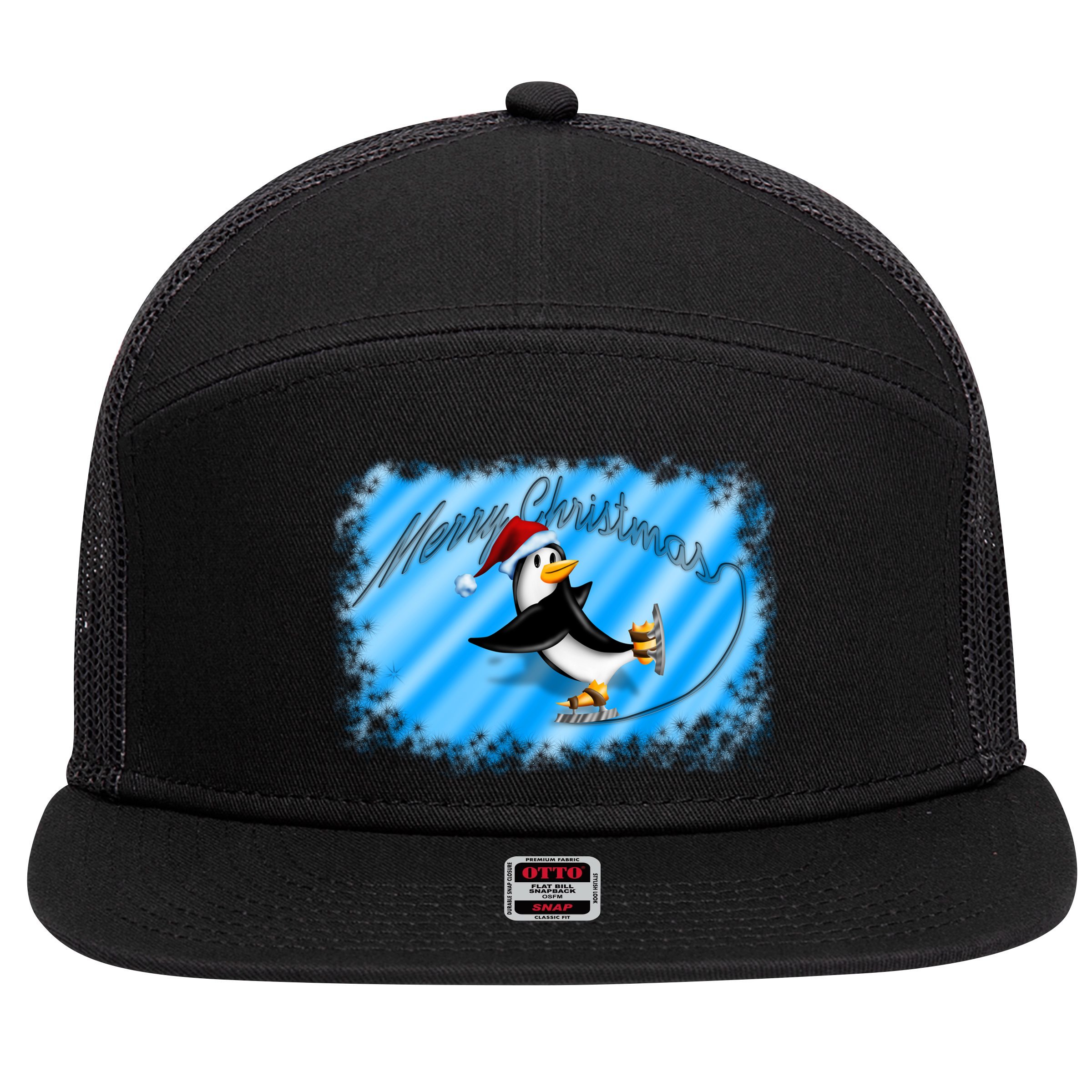 Penguin Skating Merry Christmas 7 Panel Mesh Trucker Snapback Hat