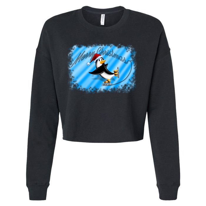 Penguin Skating Merry Christmas Cropped Pullover Crew
