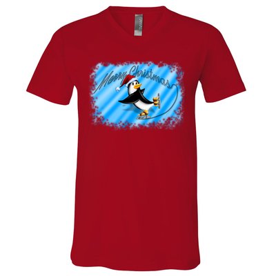 Penguin Skating Merry Christmas V-Neck T-Shirt