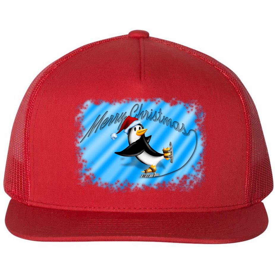 Penguin Skating Merry Christmas Flat Bill Trucker Hat