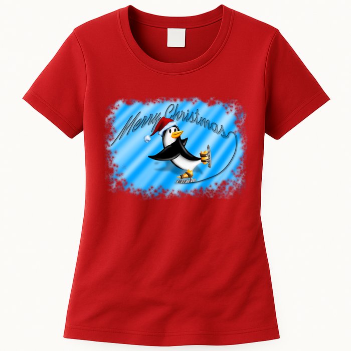 Penguin Skating Merry Christmas Womens T-Shirt