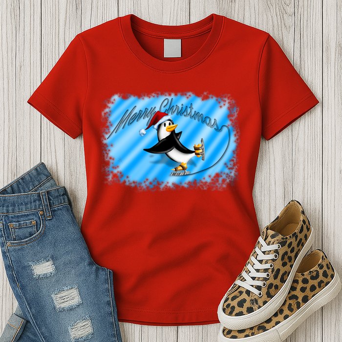 Penguin Skating Merry Christmas Womens T-Shirt