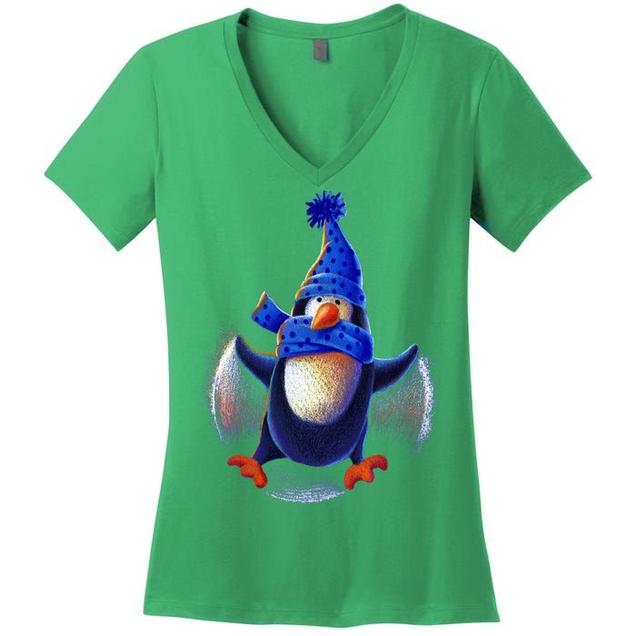 Penguin Snow Angel Women's V-Neck T-Shirt