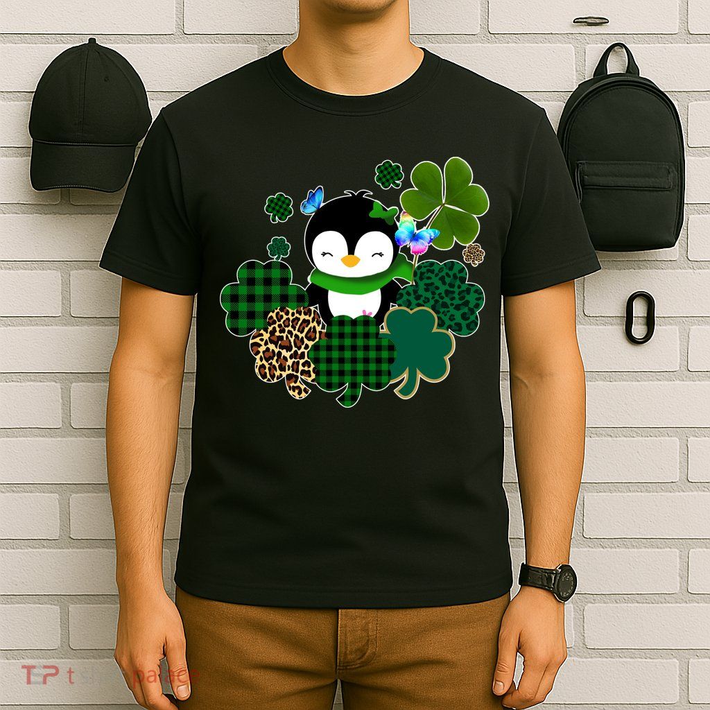 Penguin St Patty's Day Cute Shamrocks  T-Shirt
