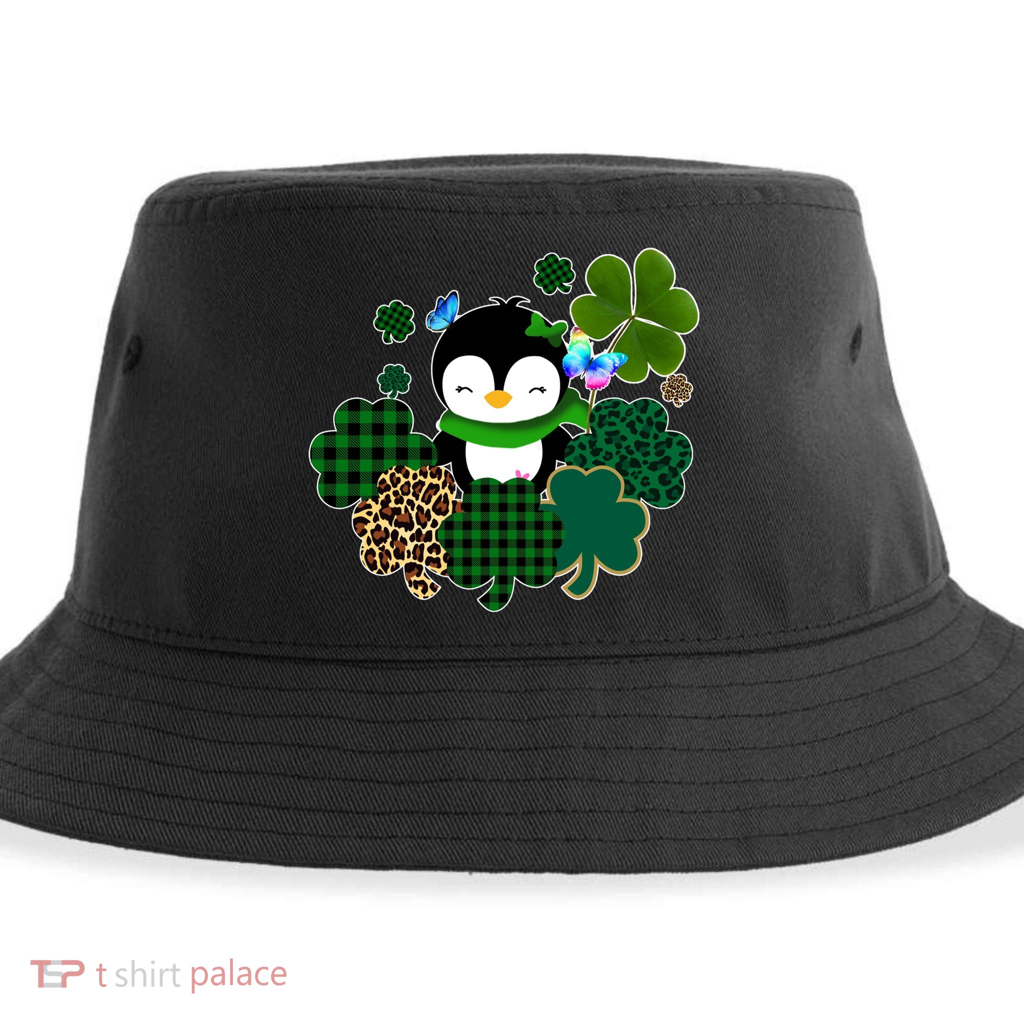 Penguin St Patty's Day Cute Shamrocks  Sustainable Bucket Hat