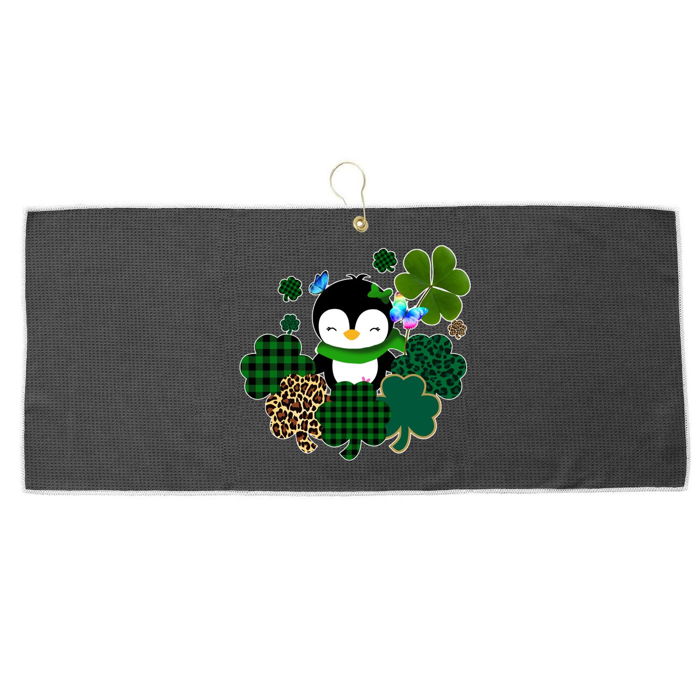 Penguin St Patty's Day Cute Shamrocks  Large Microfiber Waffle Golf Towel