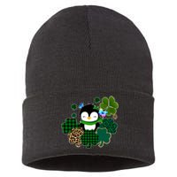 Penguin St Patty's Day Cute Shamrocks  Sustainable Knit Beanie