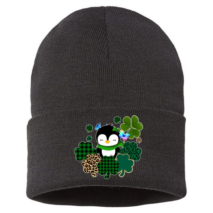 Penguin St Patty's Day Cute Shamrocks  Sustainable Knit Beanie