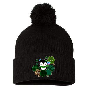 Penguin St Patty's Day Cute Shamrocks  Pom Pom 12in Knit Beanie