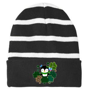 Penguin St Patty's Day Cute Shamrocks  Striped Beanie with Solid Band