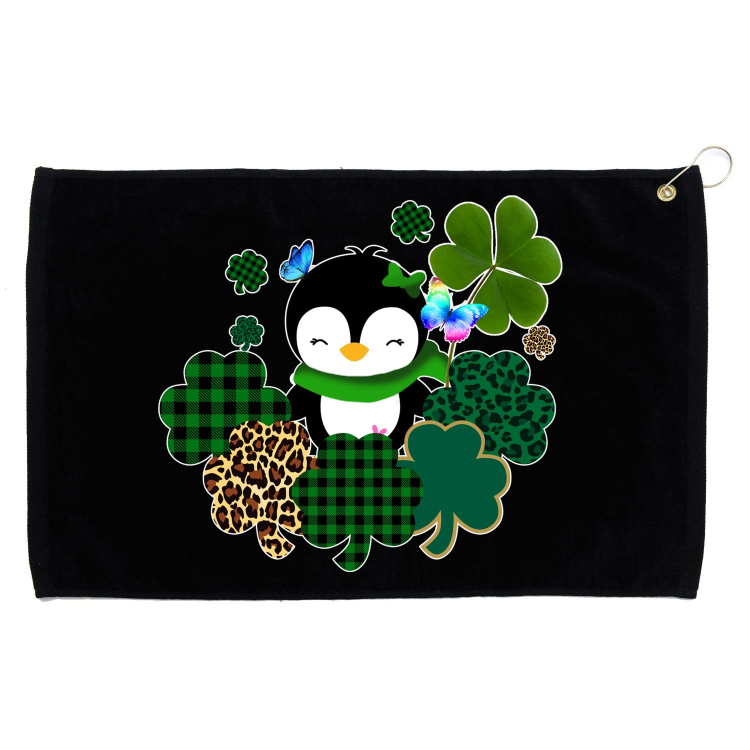 Penguin St Patty's Day Cute Shamrocks  Grommeted Golf Towel