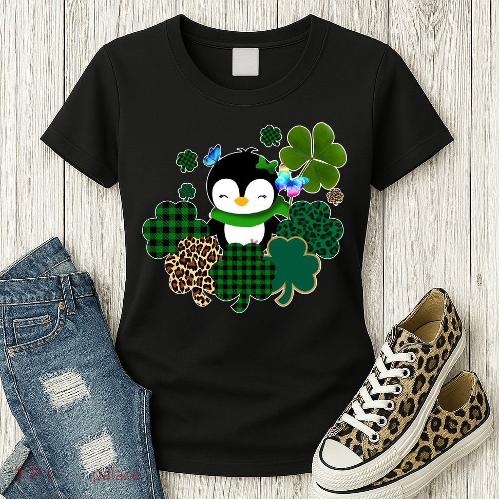 Penguin St Patty's Day Cute Shamrocks  Womens T-Shirt