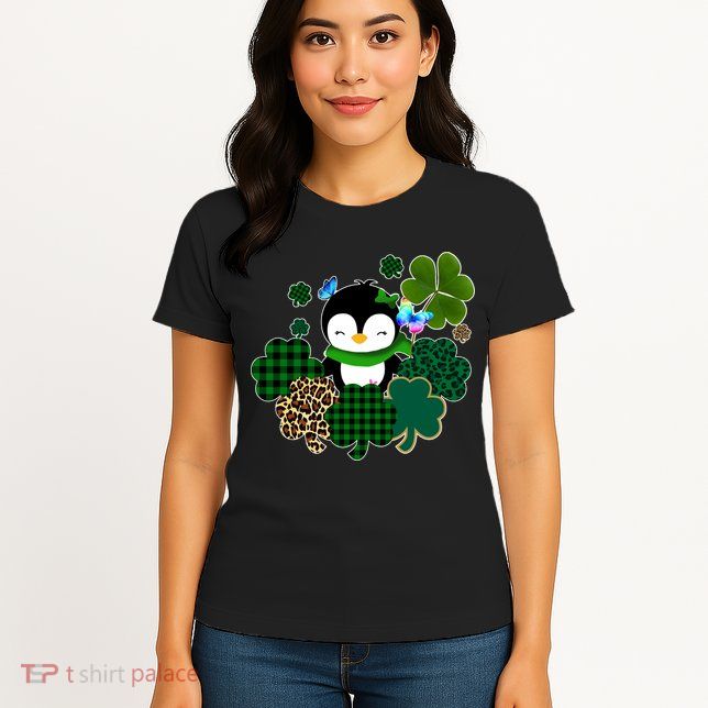 Penguin St Patty's Day Cute Shamrocks  Womens T-Shirt