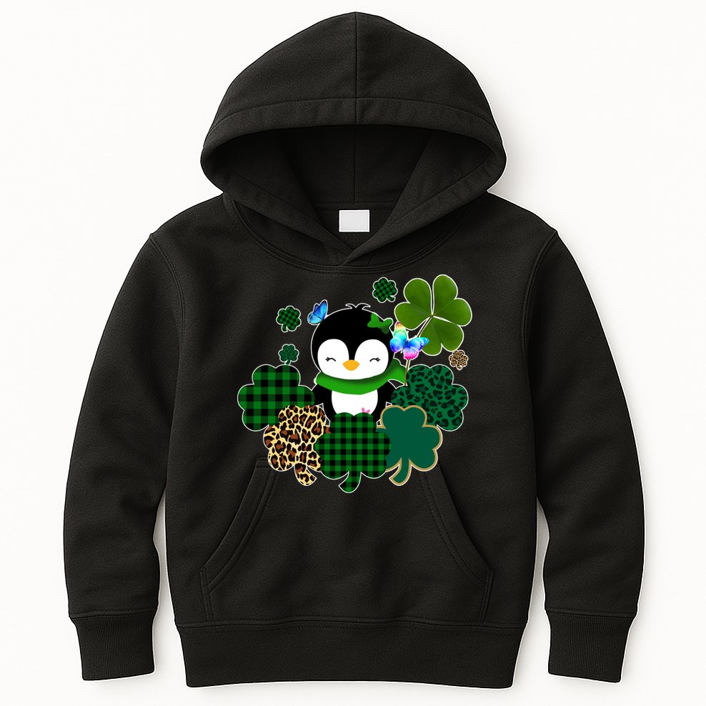 Penguin St Patty's Day Cute Shamrocks  Kids Hoodie