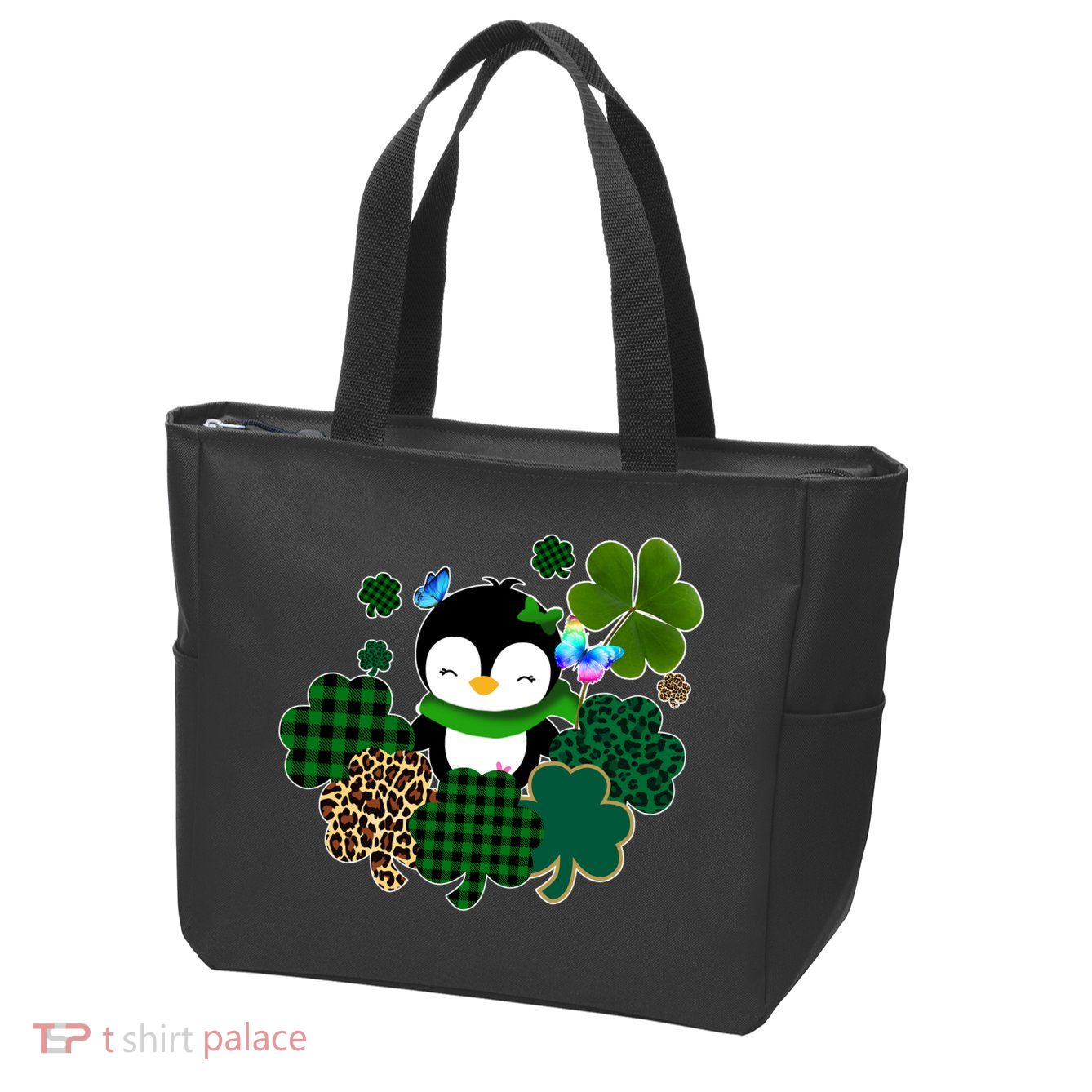 Penguin St Patty's Day Cute Shamrocks  Zip Tote Bag