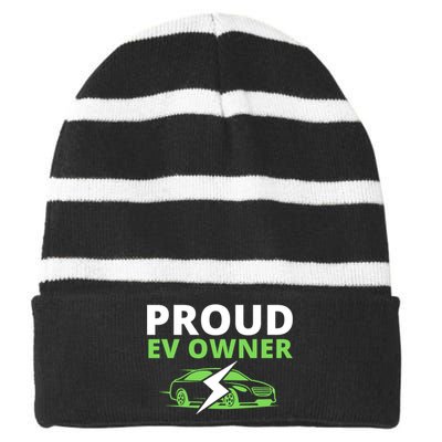 Proud EV Owner, I Love ECars, Drive EVs, Funny Electric Car Striped Beanie with Solid Band