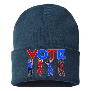 People Holding VOTE Letters  Red White Blue Version Sustainable Knit Beanie