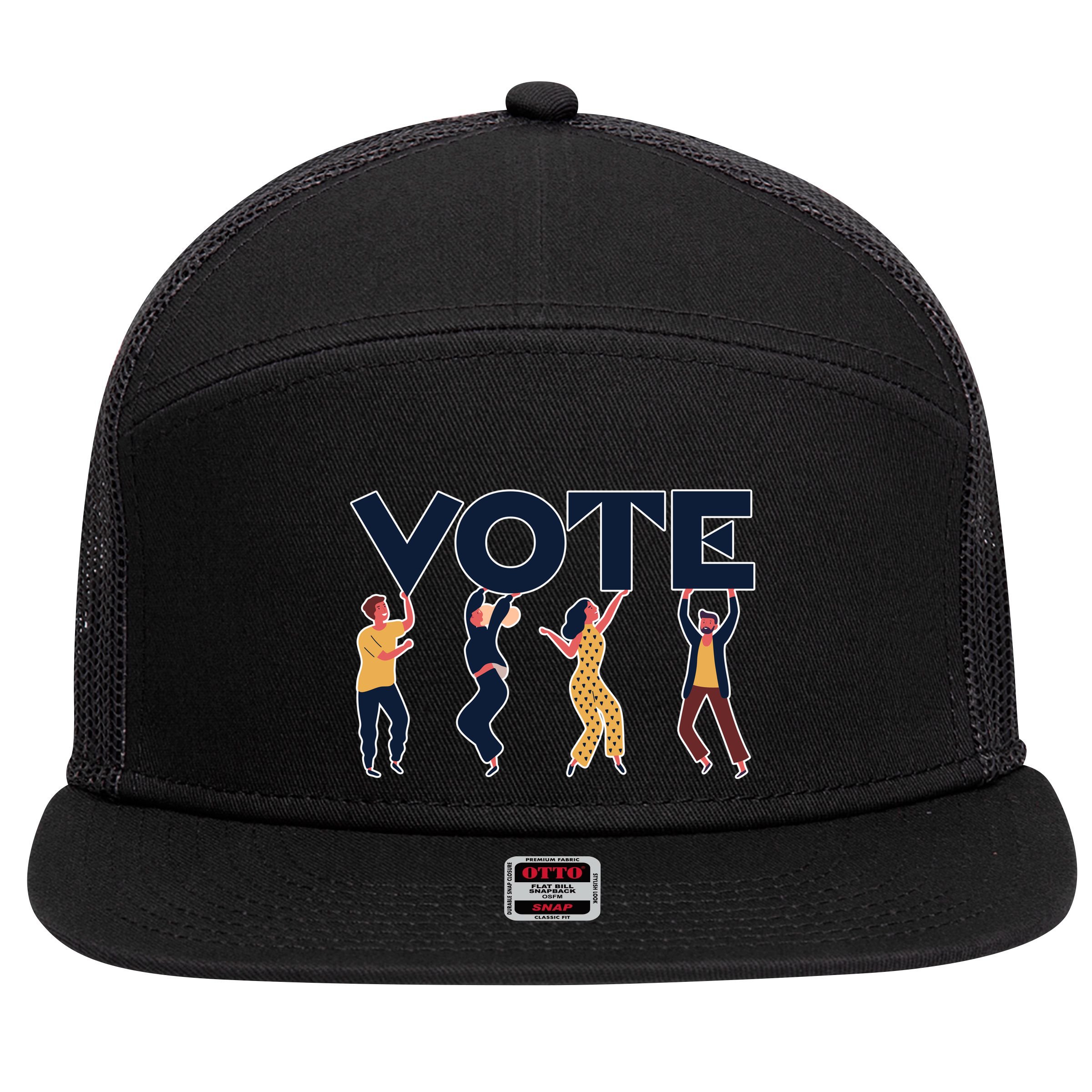 People Holding VOTE Letters Blue And Gold version 7 Panel Mesh Trucker Snapback Hat