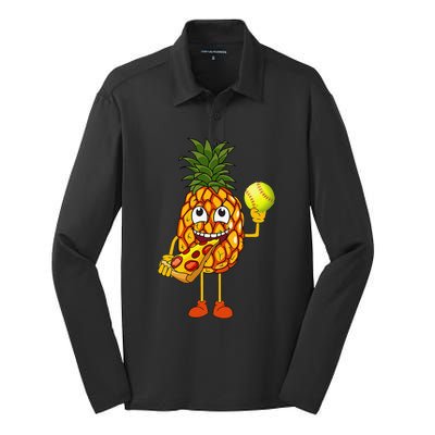 Pineapple Eating Pizza Softball FunnyFoodie Silk Touch Performance Long Sleeve Polo