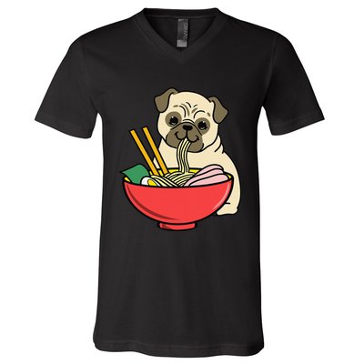 Pug Eating Ra V-Neck T-Shirt