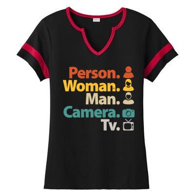 Person Woman Man Camera TV Donald Trump Cognitive Test Ladies Halftime Notch Neck Tee