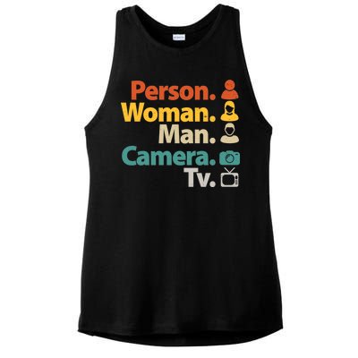 Person Woman Man Camera TV Donald Trump Cognitive Test Ladies PosiCharge Tri-Blend Wicking Tank