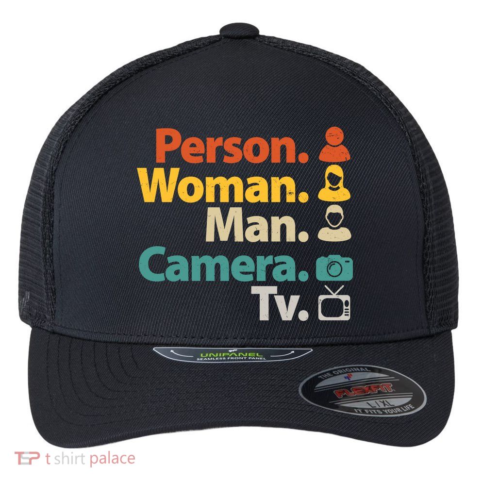 Person Woman Man Camera TV Donald Trump Cognitive Test Flexfit Unipanel Trucker Cap