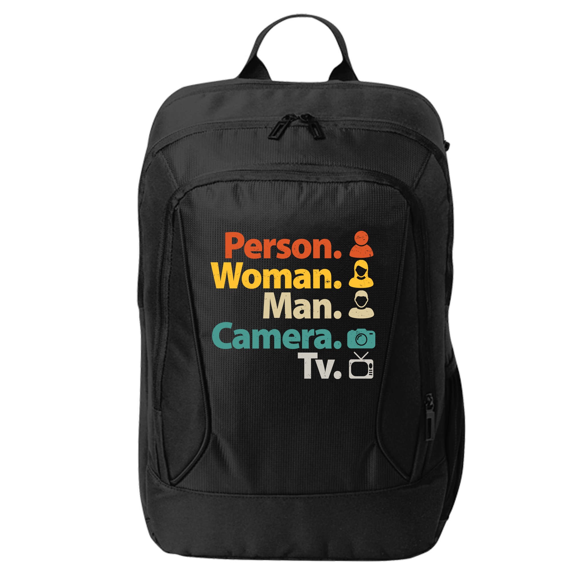 Person Woman Man Camera TV Donald Trump Cognitive Test City Backpack