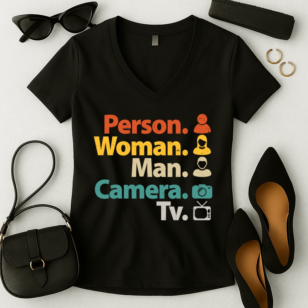 Person Woman Man Camera TV Donald Trump Cognitive Test Women's V-Neck T-Shirt