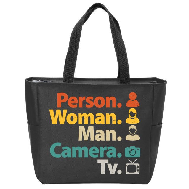 Person Woman Man Camera TV Donald Trump Cognitive Test Zip Tote Bag