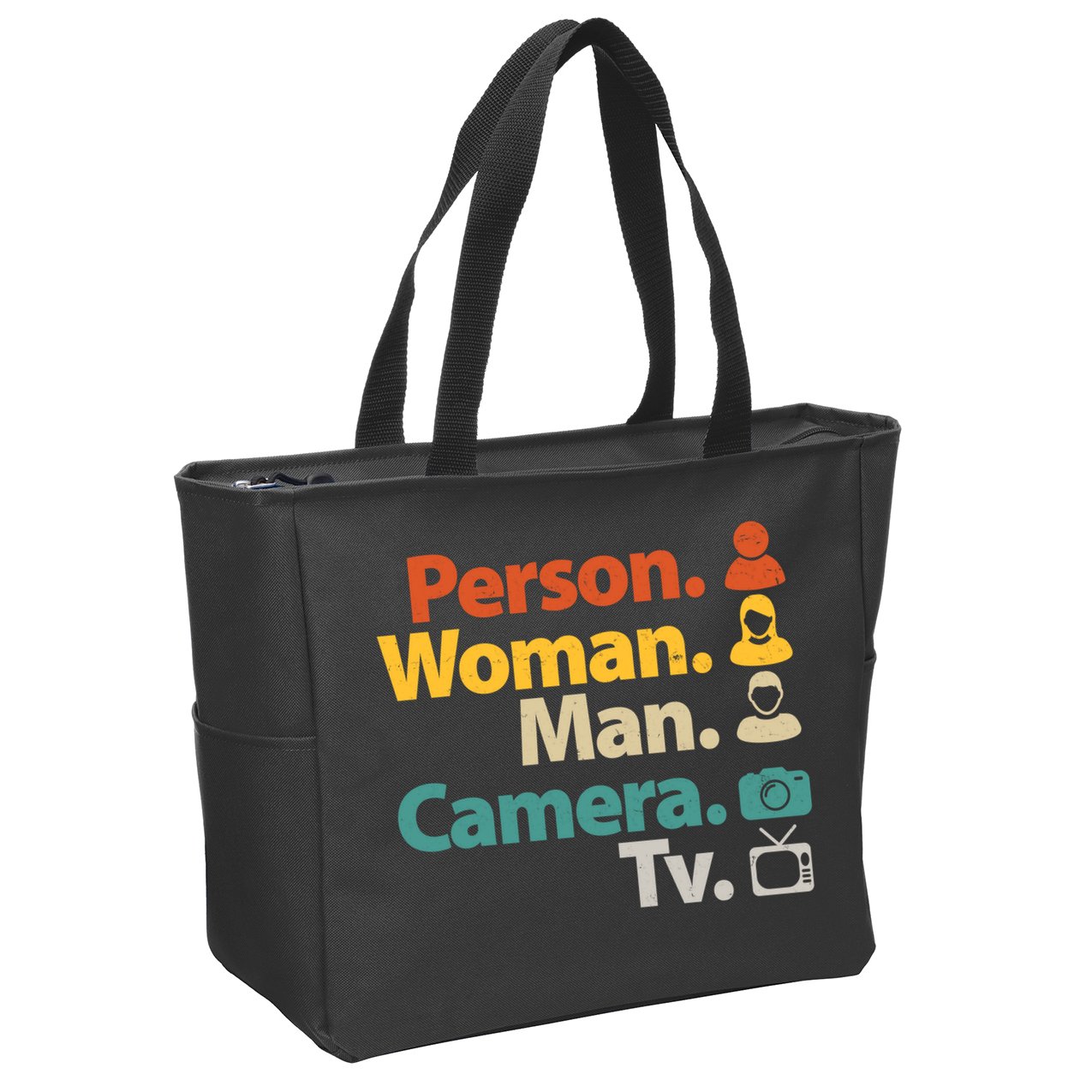 Person Woman Man Camera TV Donald Trump Cognitive Test Zip Tote Bag