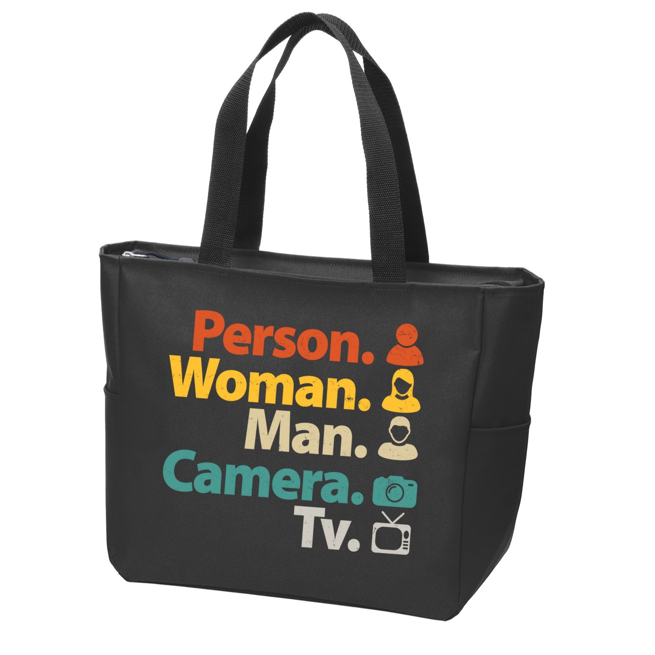 Person Woman Man Camera TV Donald Trump Cognitive Test Zip Tote Bag