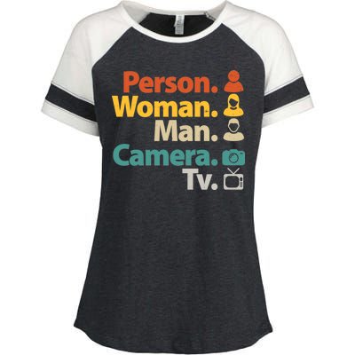 Person Woman Man Camera TV Donald Trump Cognitive Test Enza Ladies Jersey Colorblock Tee