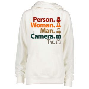 Person Woman Man Camera TV Donald Trump Cognitive Test Womens Funnel Neck Pullover Hood