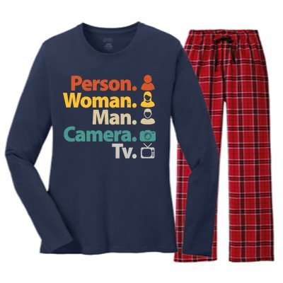 Person Woman Man Camera TV Donald Trump Cognitive Test Women's Long Sleeve Flannel Pajama Set 