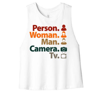 Person Woman Man Camera TV Donald Trump Cognitive Test Women's Racerback Cropped Tank